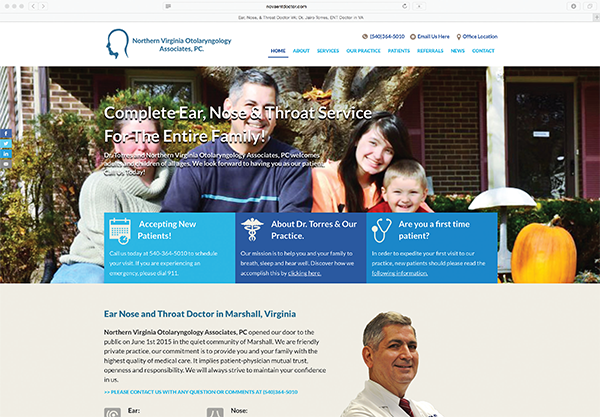 The Northern Virginia Otolaryngology Associates website home page, at novaentdoctor.com, highlights what the patient should know about the practice and offers easy navigation through menu tabs.