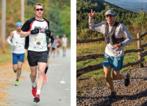 Left: Matt Miller, MD, competes at the Baystate Marathon and Half Marathon in 2019. Right: Jim Daniero, MD, competes in the 2020 Grayson Highlands 50k ultramarathon.